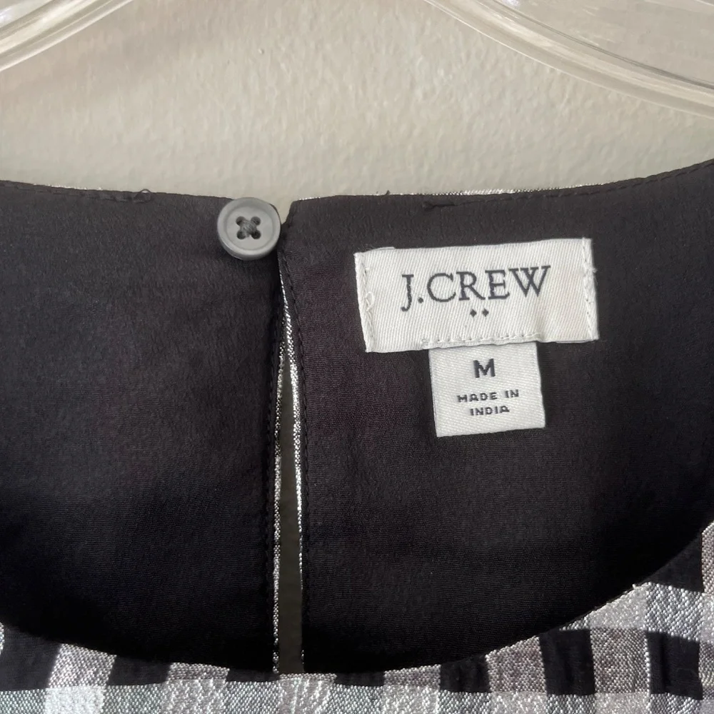 J. Crew Sz M Gingham Metallic Puff Sleeve Blouse Top Lined Round Neck Pullover‎